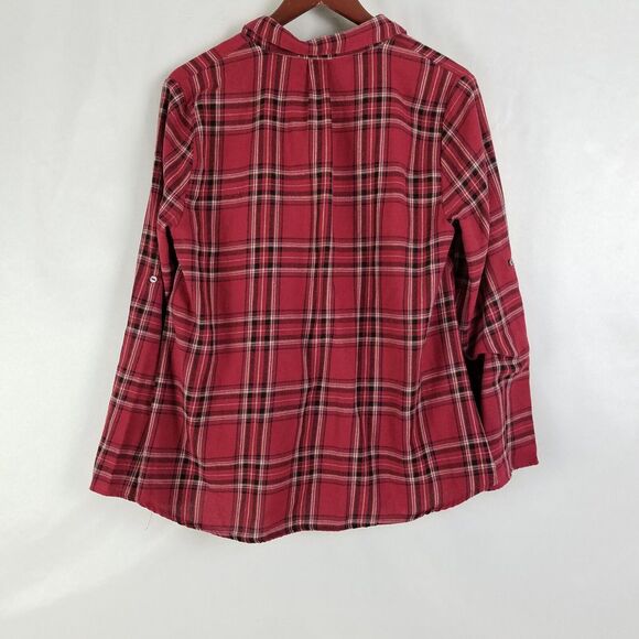 She + Sky Shirt Womens Medium Red Top Plaid Long Sleeve Surplice Collared Rolled - Picture 2 of 10
